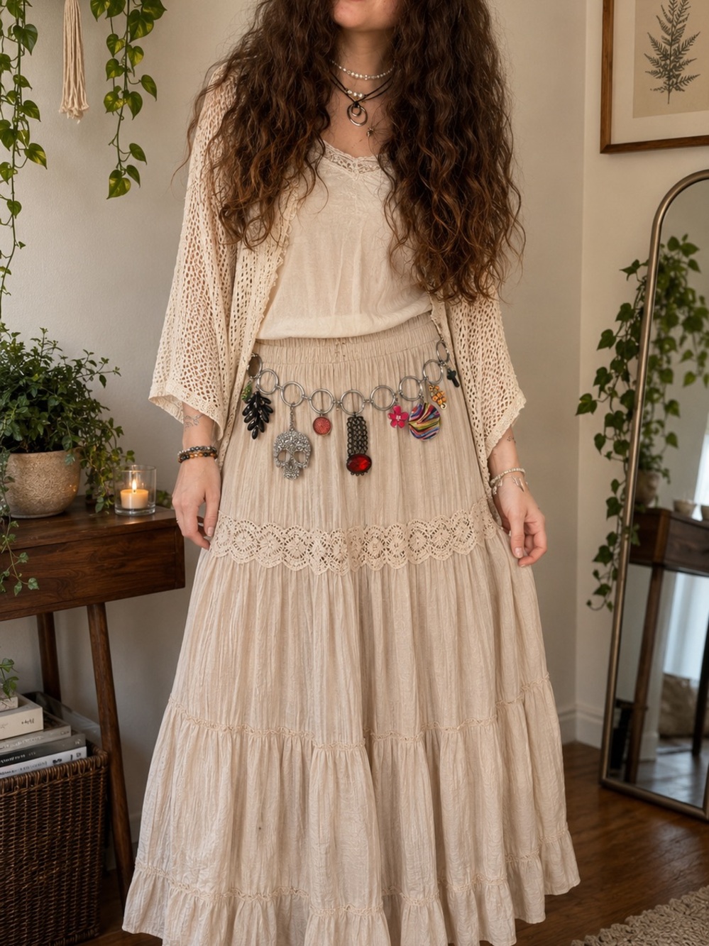 #122. Handmade Upcycled Boho Belt Chain with Detachable Pendants -One of a Kind